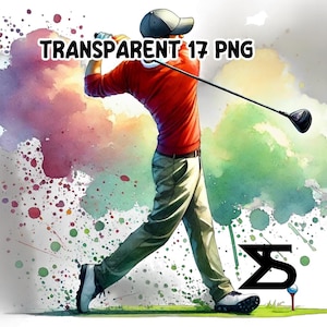 Puede incluir: Una ilustraci&oacute;n de acuarela de un golfista balanceando un palo contra un fondo colorido con pintura salpicada. El golfista lleva una camisa roja, pantalones caqui y una gorra negra. El texto "TRANSPARENT 17 PNG" es visible en la parte superior central de la imagen.