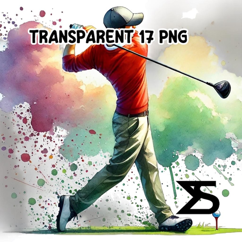 Puede incluir: Una ilustraci&oacute;n de acuarela de un golfista balanceando un palo contra un fondo colorido con pintura salpicada. El golfista lleva una camisa roja, pantalones caqui y una gorra negra. El texto "TRANSPARENT 17 PNG" es visible en la parte superior central de la imagen.