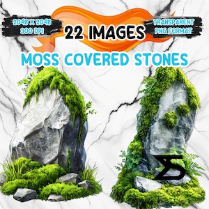 Könnte beinhalten: Digitales Bild mit zwei großen, mit grünem Moos bedeckten Steinen. Der Text enthält "22 IMAGES", "MOSS COVERED STONES" sowie Angaben zur Bildauflösung und zum Format, ideal für digitale Kunstprojekte.