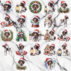 May include: A selection of watercolour illustrations of German Shorthaired Pointers wearing Santa hats. The dogs are shown in various Christmas-themed scenes, including snow globes, wreaths, and gingerbread houses. The background has a white marble pattern.