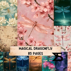 May include: A collage of dragonfly and floral illustrations featuring pink cherry blossoms, white lotus flowers, and various dragonflies in blue, gold, and pink hues. The center includes a text box reading MAGICAL DRAGONFLY 85 PAGES.