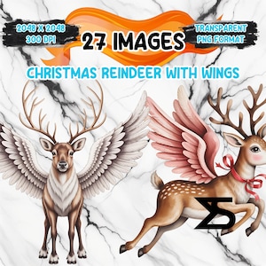 Watercolor Christmas Reindeer With Wings PNG Image on transparent background, digital Sticker/Scrappbooking, commercial use,