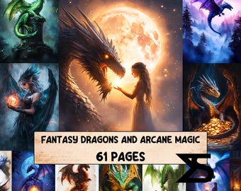 Dragões Fantásticos e Magia Arcana - Kit para diário de arte, recortes imprimíveis, pacotes de papel vintage, páginas de grimório, arte de dragões, folhas para colagem