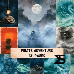 May include: A collection of pirate-themed illustrations featuring ships, a full moon, a lantern on rope, a kraken, and a skull flag. The central text reads PIRATE ADVENTURE 131 PAGES. The imagery uses dark blue, orange, and teal color palettes.