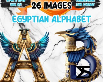 May include: Digital art featuring two ornate letters from the Egyptian alphabet, 'A' and 'B'. The 'A' is gold with blue wings, while the 'B' is blue and gold. The image includes text that reads '26 Images' and 'Egyptian Alphabet'.