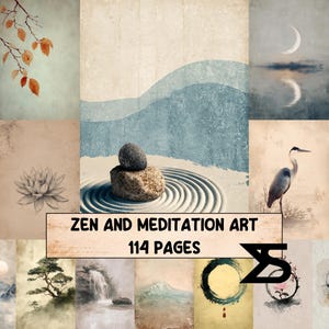 May include: A collage of Zen-themed art prints. The central image features a rock garden with stacked stones. Other prints depict a lotus flower, a heron, a crescent moon over water, and a waterfall. Text reads "ZEN AND MEDITATION ART 114 PAGES."