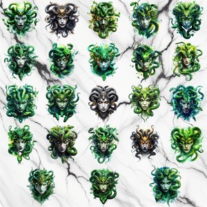 May include: A collection of Medusa portraits with green snake hair and various skin tones. The portraits are set against a white marble background with dark gray veining. The Medusa faces have different expressions and are in various shades of green.