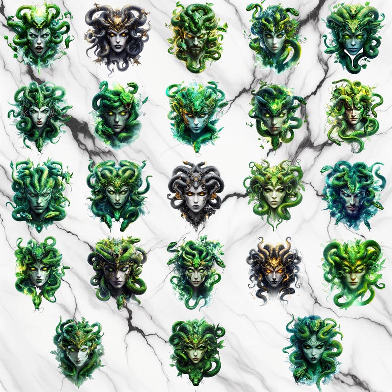 May include: A collection of Medusa portraits with green snake hair and various skin tones. The portraits are set against a white marble background with dark gray veining. The Medusa faces have different expressions and are in various shades of green.
