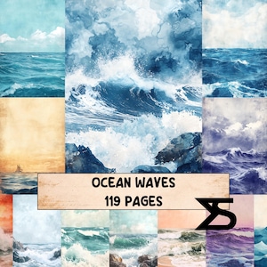 May include: A collection of watercolor ocean wave images in shades of blue, teal, and white. The text "OCEAN WAVES 119 PAGES" is displayed on a beige banner. The images depict various ocean scenes, including crashing waves and calm seas.