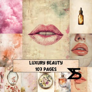 Könnte beinhalten: Eine Collage mit Bildern zum Thema Schönheit. Sie enthält ein Aquarellgemälde von rosa Lippen, eine braune Tropfflasche und eine Nahaufnahme eines Gesichts mit roten Lippen. Der Text "LUXURY BEAUTY 107 PAGES" ist auf einem Banner zu sehen.