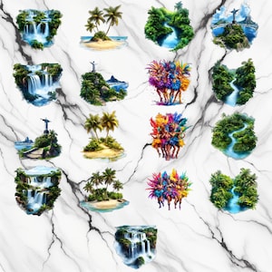 May include: A digital collage of ten different images featuring various scenes from Brazil. The images include a waterfall, a beach with palm trees, a statue of Christ the Redeemer, a river, and a group of dancers in colorful costumes.