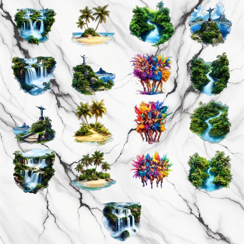 May include: A digital collage of ten different images featuring various scenes from Brazil. The images include a waterfall, a beach with palm trees, a statue of Christ the Redeemer, a river, and a group of dancers in colorful costumes.