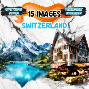 Puede incluir: Una ilustración digital de un pueblo suizo con un lago y montañas en el fondo. El pueblo tiene una casa tradicional suiza con un toldo rojo y un puesto de mercado con productos frescos. El texto "15 IMÁGENES" y "FORMATO PNG TRANSPARENTE" se muestra encima de la imagen.