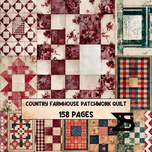 Könnte beinhalten: Eine Sammlung von Patchwork-Steppdecken-Designs mit verschiedenen Mustern, darunter rot-weiß karierte Quadrate, florale Motive und Schottenkaro-Blöcke. Ein zentrales Banner zeigt den Text "COUNTRY FARMHOUSE PATCHWORK QUILT 158 PAGES" in Schwarz.
