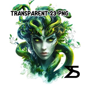 May include: A digital illustration of Medusa, a mythical figure, with snakes for hair. The image features a woman with pale skin, green eyes, and snakes in shades of green. Text reads "TRANSPARENT 23 PNG".