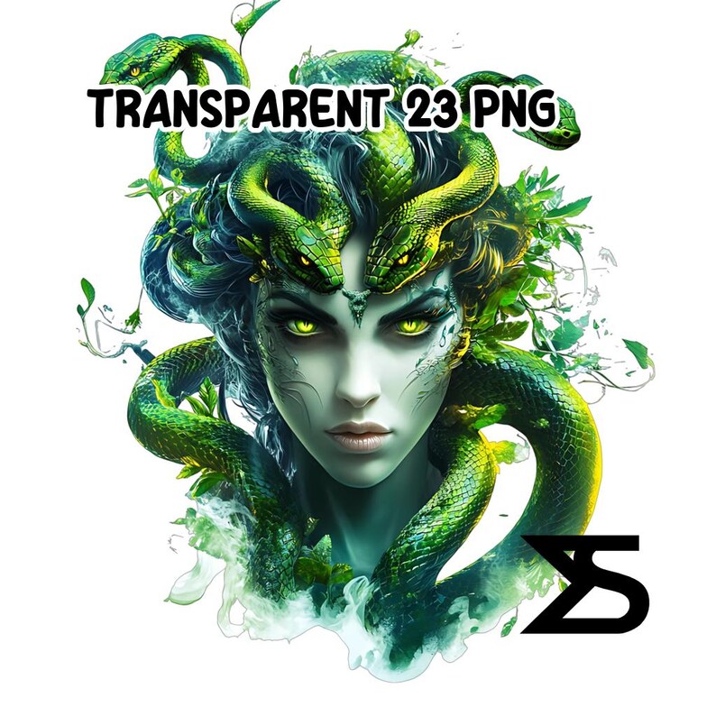 May include: A digital illustration of Medusa, a mythical figure, with snakes for hair. The image features a woman with pale skin, green eyes, and snakes in shades of green. Text reads "TRANSPARENT 23 PNG".