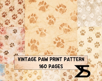 Vintage Paw Print Pattern junk journal printable paper pack vintage pet ephemera for dog cat scrapbook collage journal pages stained papers