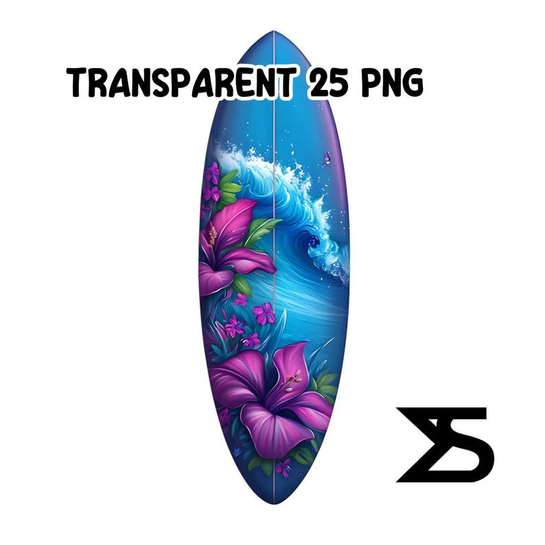 Puede incluir: Una tabla de surf con un dise&ntilde;o vibrante que presenta una ola azul del oc&eacute;ano y flores de hibisco rosas. La tabla tiene el texto "TRANSPARENT 25 PNG" en negro. Un logotipo negro est&aacute; en la esquina inferior derecha.