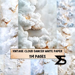 May include: A digital art composition featuring a collage of white cloud formations against a marbled background. The text "VINTAGE CLOUD DANCER WHITE PAPER" and "114 PAGES" are displayed on a banner. The overall aesthetic is soft and ethereal.