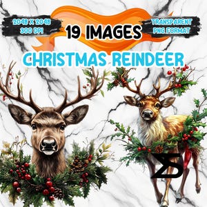 19 Clipart renne de Noël aquarelle, renne clipart PNG, lot de cliparts, usage commercial, téléchargement numérique, téléchargement immédiat