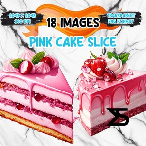 Immagine PNG di una fetta di torta rosa ad acquerello su sfondo trasparente, adesivo digitale/scrapbooking, uso commerciale, download digitale istantaneo