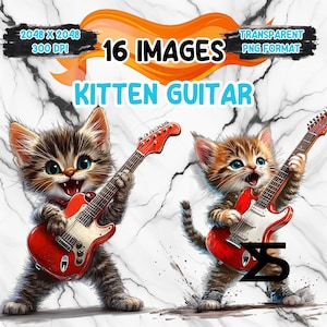 16 aquarel kitten gitaarspelen Clipart, kitten clipart PNG, Clipart bundel, commercieel gebruik, digitale download, instant download