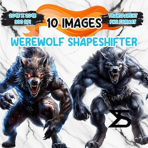 May include: Digital art featuring two werewolf shapeshifters with glowing red eyes and snarling expressions. The image includes text that reads "10 IMAGES" and "WEREWOLF SHAPESHIFTER". The background is a marble texture.