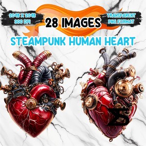 May include: Two steampunk human hearts with intricate gears, pipes, and wires. The hearts are red with gold accents and are set against a white marble background. The text "28 IMAGES" is visible at the top of the image.