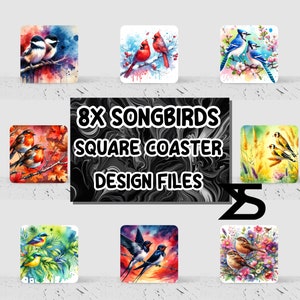Aquarel Songbird vierkante onderzetter sublimatie ontwerpset van 8, instant digitale download, commercieel gebruik, png-download