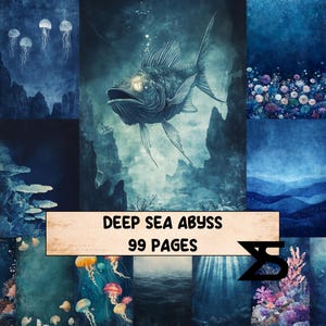 May include: A digital collage featuring a large fish swimming in a deep blue ocean, surrounded by other marine life and underwater landscapes. The text "DEEP SEA ABYSS 99 PAGES" is displayed on a banner.