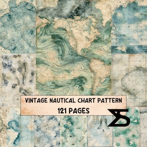 Könnte beinhalten: Eine Sammlung alter nautischer Kartenmuster mit 121 Seiten, die blaue und beige Aquarelltexturen, Rasterlinien, Kompassrosen und maritime Illustrationen zeigen. Der Text VINTAGE NAUTICAL CHART PATTERN 121 PAGES ist deutlich zu sehen.