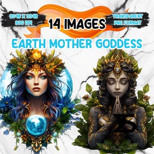 Könnte beinhalten: Digitale Kunst mit zwei Porträts der Erdmuttergöttin, umgeben von floralen Elementen und einer blauen Kugel. Text enthält "14 BILDER", "EARTH MOTHER GODDESS" und "TRANSPARENT PNG FORMAT". Der Hintergrund ist marmoriert.