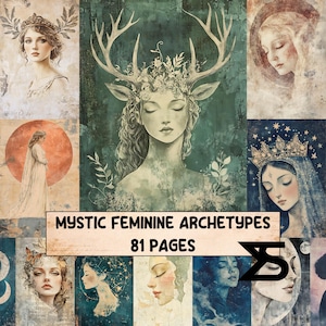 May include: A collection of watercolor illustrations featuring mystical feminine figures. The central image depicts a woman with deer antlers and floral adornments. The text reads "Mystic Feminine Archetypes" and "81 Pages". The color palette includes greens, blues, and earth tones.