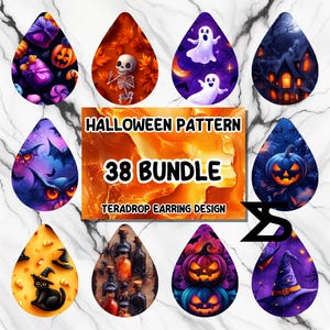 May include: A collection of Halloween-themed teardrop earring designs. The designs include pumpkins, ghosts, bats, a skeleton, and a haunted house. The text on the image reads "HALLOWEEN PATTERN 38 BUNDLE TERADROP EARRING DESIGN".