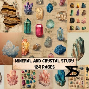 Puede incluir: Un collage de varios cristales y minerales coloridos, incluyendo amatista, cuarzo y esmeraldas, dispuestos sobre un fondo de papel vintage. El texto "MINERAL AND CRYSTAL STUDY" y "124 PAGES" se muestra en la parte inferior.