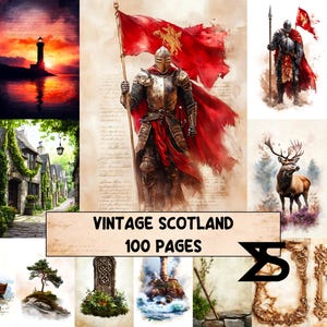 May include: A collage of watercolor illustrations with a Scottish theme. Includes a knight in armor holding a red flag, a lighthouse at sunset, a deer, and a village scene. The text "VINTAGE SCOTLAND 100 PAGES" is displayed.