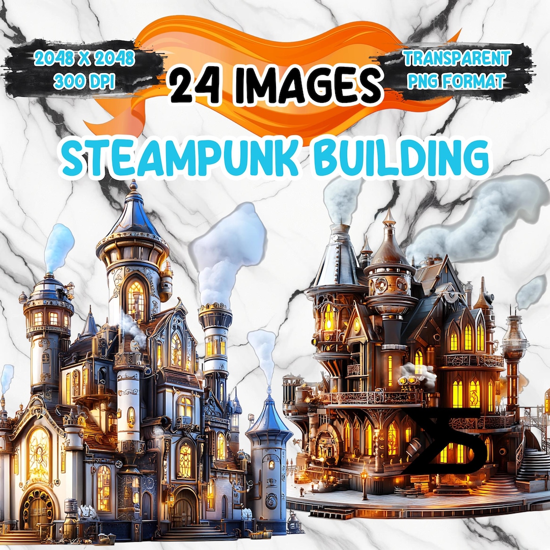 透明な背景の水彩スチームパンクな建物のPNG画像、デジタルステッカー