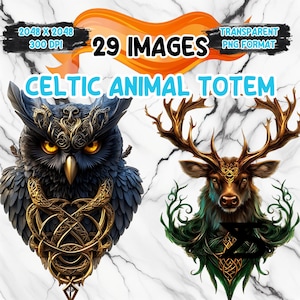 May include: Digital artwork showcasing a dark blue owl and a brown deer, both adorned with Celtic knot patterns. The owl has gold detailing and bright yellow eyes. The deer features large antlers and green foliage. Text includes "29 Images" and "Celtic Animal Totem".