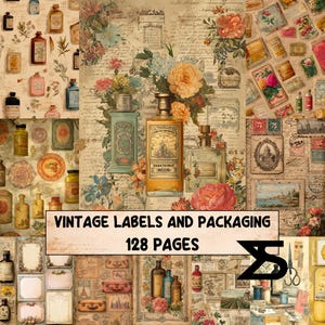 May include: A collage of vintage labels and packaging with a floral and botanical theme. The image features perfume bottles, antique labels, and floral arrangements. The text "VINTAGE LABELS AND PACKAGING" and "128 PAGES" is displayed.