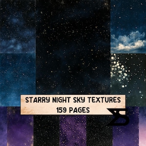Pode incluir: Uma coleção digital de 159 páginas com texturas de céu noturno estrelado em vários tons de azul profundo, preto e roxo. A etiqueta retangular central exibe o texto STARRY NIGHT SKY TEXTURES 159 PAGES em letras pretas.