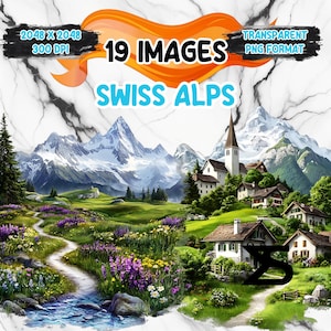 Watercolor Swiss Alps Landscape PNG Image with transparent background, Clipart bundle, commercial use, digital download, instant download