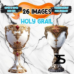 May include: Two ornate golden chalices with white marble bowls, one with red gems and the other with a cross design. The chalices are on a white marble background. 26 Images. Transparent PNG format.