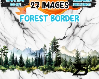 May include: A set of 27 digital images featuring a watercolor illustration of a forest border with mountains in the background. The images are in PNG format and have a transparent background.