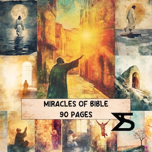 Op de afbeelding: Een collage van religieuze kunst die scènes uit de Bijbel uitbeeldt. De afbeeldingen tonen figuren in gewaden, landschappen en de tekst "Miracles of Bible" en "90 Pages". Het kunstwerk heeft een warm kleurenpalet.