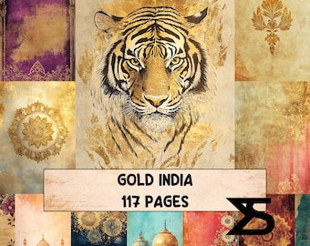 Gold India vintage junk journal ephemera pack boho collage papers printable ephemera sheets floral sari motifs gold accents for art journals