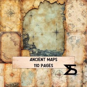 May include: A collection of aged maps with a distressed, parchment-like texture. The maps include compass roses, nautical charts, and land illustrations. The text "ANCIENT MAPS 110 PAGES" is displayed on a rectangular banner.