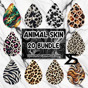 May include: A set of 10 teardrop-shaped earring designs featuring various animal print patterns. The designs include leopard, zebra, tiger, cheetah, and dalmatian prints. The designs are perfect for creating unique and stylish earrings.