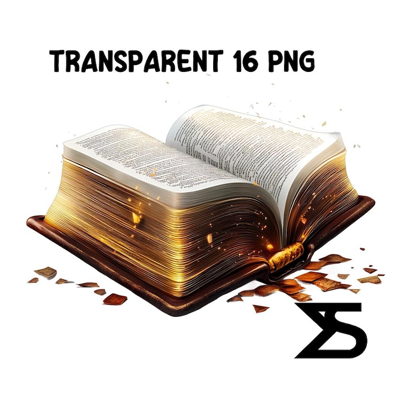 May include: An open, antique-looking book with golden pages and a brown leather cover. The book is floating in the air with glowing light emanating from the pages. The book is surrounded by small, broken pieces of paper.