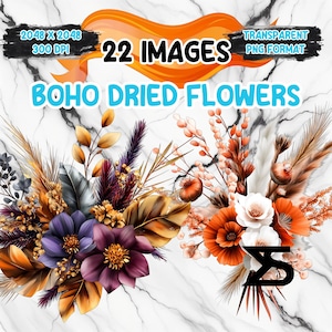 Imagen PNG de flores secas bohemias en acuarela sobre fondo transparente, para uso comercial, descarga digital instantánea.