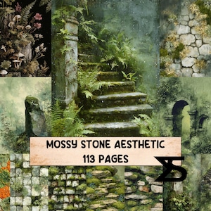 May include: A collage of images with a mossy stone aesthetic. The central image shows a stone staircase covered in moss and ferns. Other images include stone walls, mushrooms, and the text "MOSSY STONE AESTHETIC 113 PAGES."